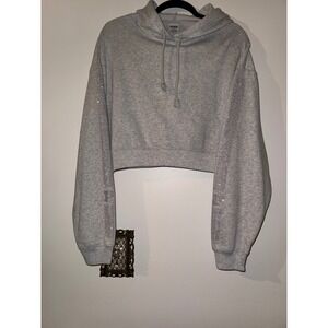 PINK Victoria's Secret Rhinestone Cropped Hoodie Sweatshirt Gray M Bling